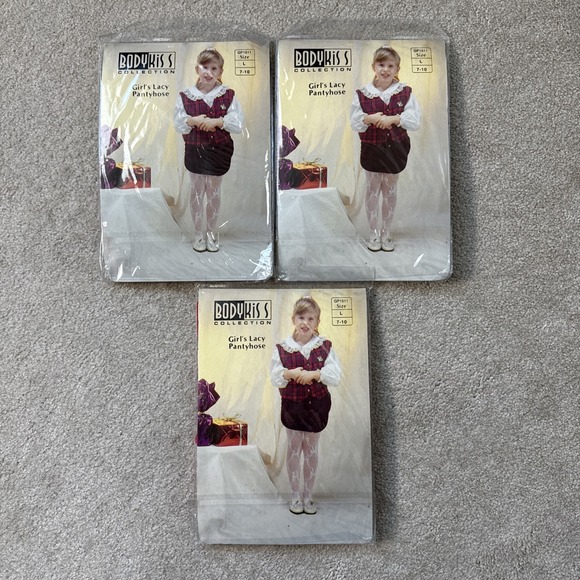 Body Kiss Other - Lot of 3 Vintage Body Kiss Girls Lacy Pantyhose Nylon Size L 7-10 49-74 lbs